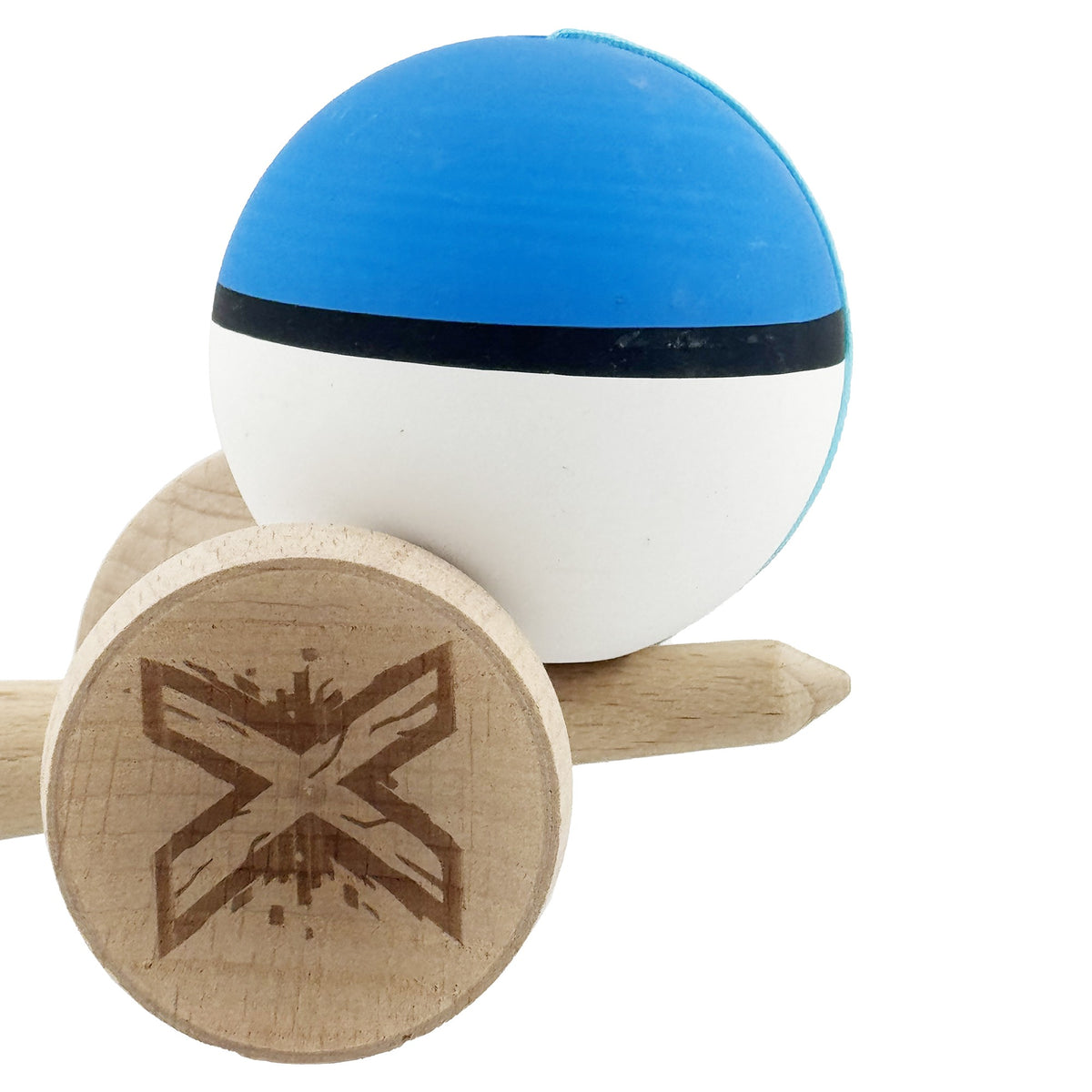 Kendama X Originala, Model V3 Albastru / Negru / Alb, Profesionala, Cupe Mari King Size, Rubber Grip, Gaura in Baza, Rulment, Ata 62cm