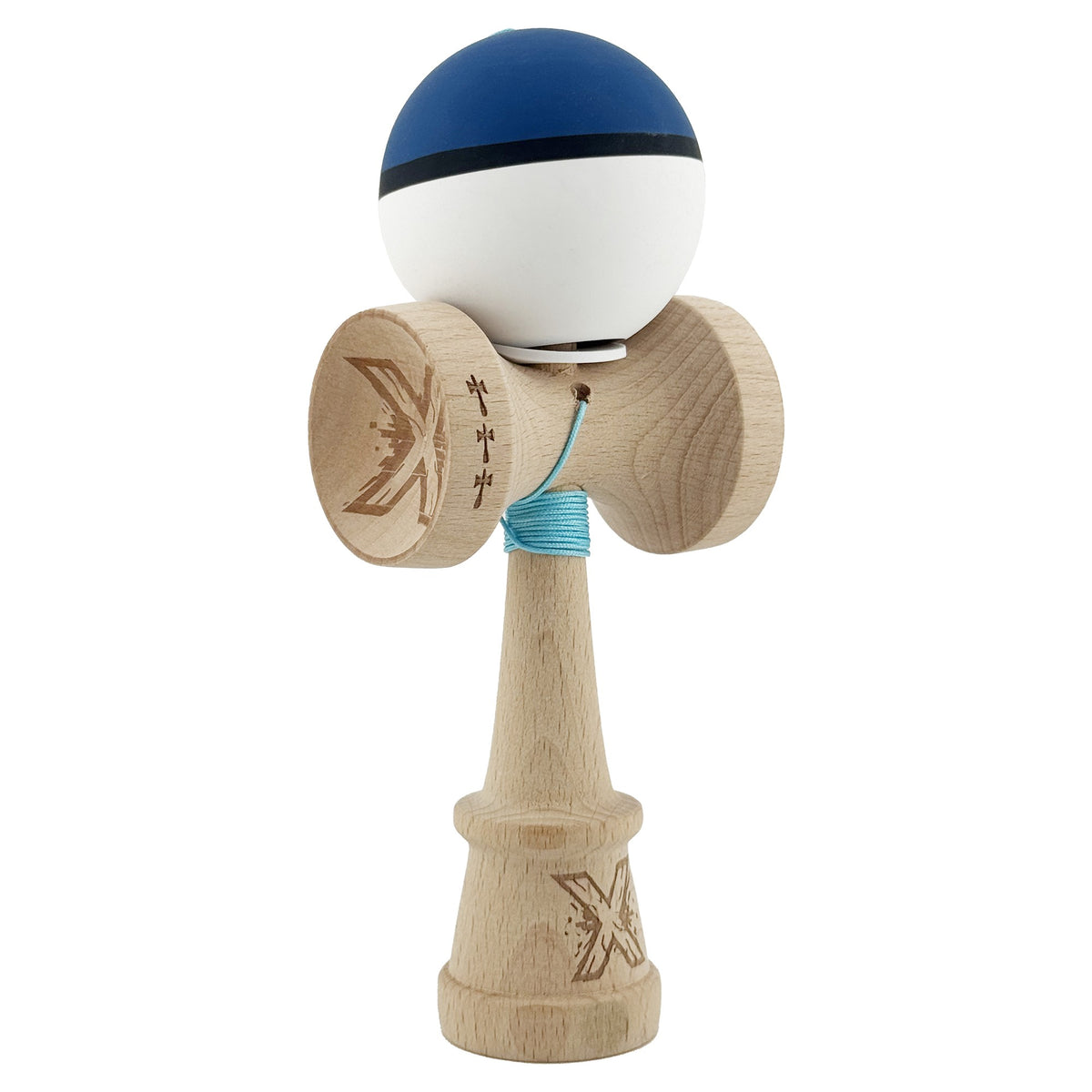 Kendama X Originala, Model V3 Albastru Inchis / Negru / Alb, Profesionala, Cupe Mari King Size, Rubber Grip, Gaura in Baza, Rulment, Ata 62cm