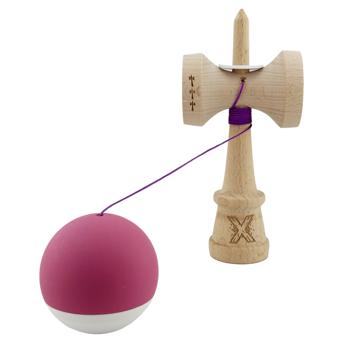 Kendama X Originala, Model V3 Roz / Alb, Profesionala, Cupe Mari King Size, Rubber Grip, Gaura in Baza, Rulment, Ata 62cm