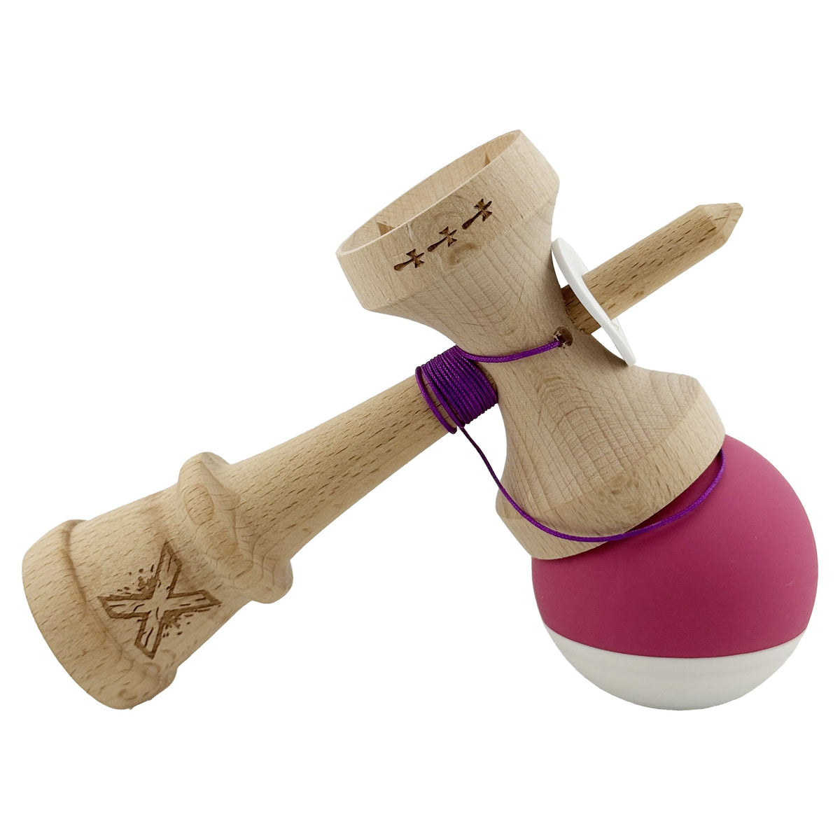 Kendama X Originala, Model V3 Roz / Alb, Profesionala, Cupe Mari King Size, Rubber Grip, Gaura in Baza, Rulment, Ata 62cm