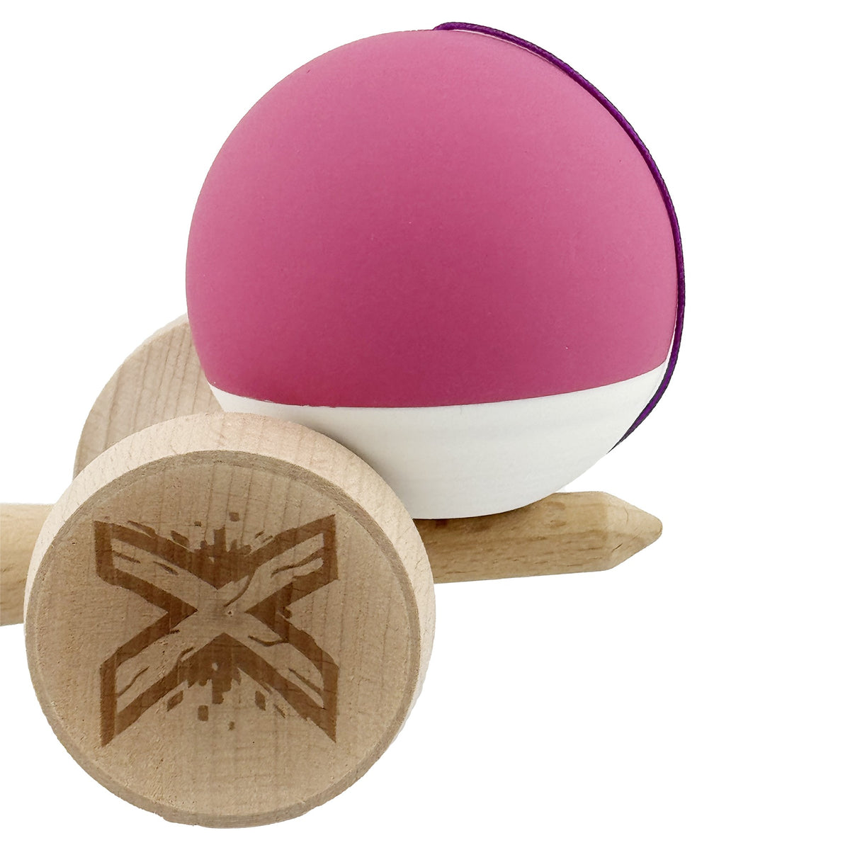 Kendama X Originala, Model V3 Roz / Alb, Profesionala, Cupe Mari King Size, Rubber Grip, Gaura in Baza, Rulment, Ata 62cm