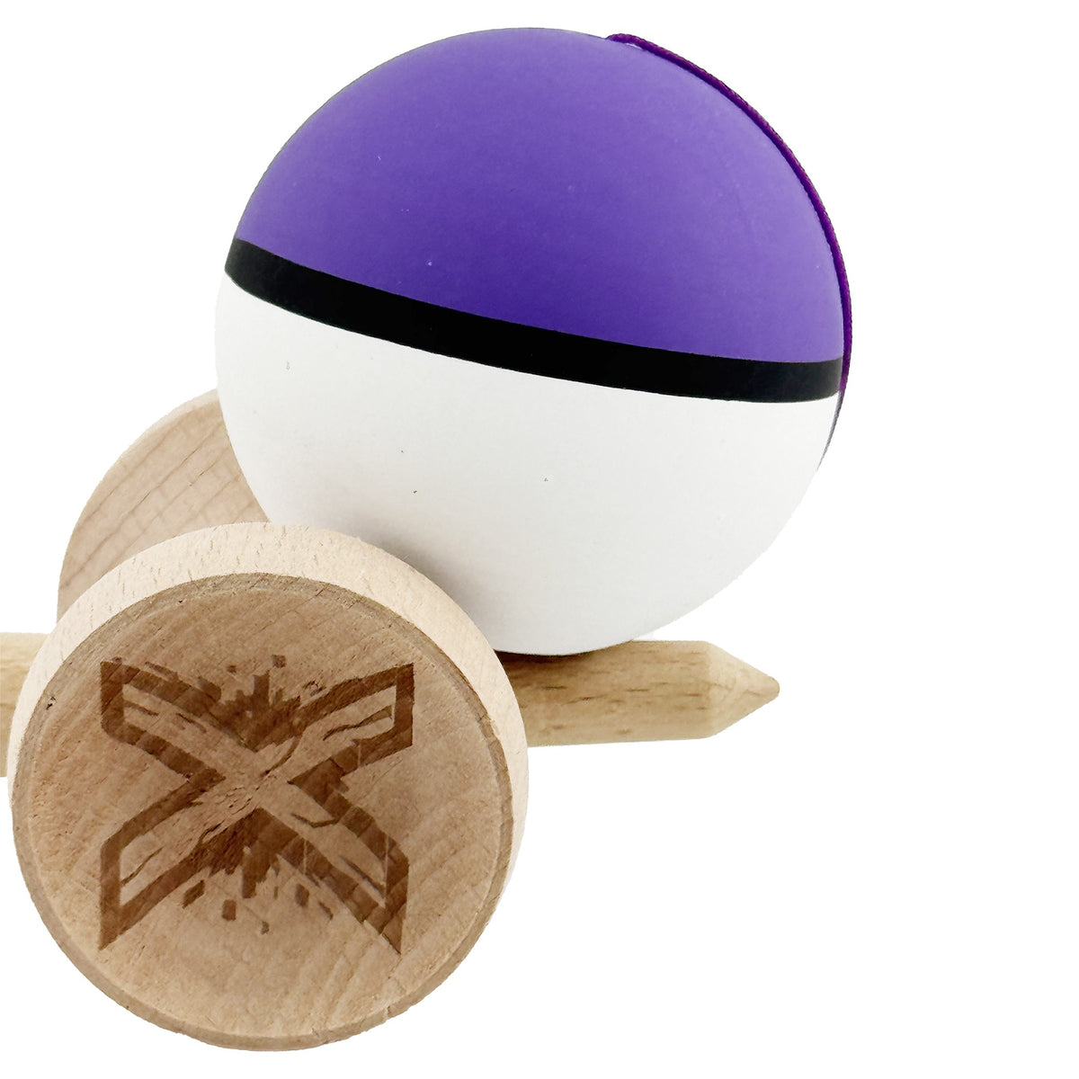 Kendama X Originala, Model V3 Violet / Negru / Alb, Profesionala, Cupe Mari King Size, Rubber Grip, Gaura in Baza, Rulment, Ata 62cm