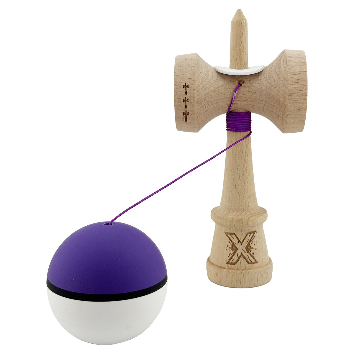 Kendama X Originala, Model V3 Violet / Negru / Alb, Profesionala, Cupe Mari King Size, Rubber Grip, Gaura in Baza, Rulment, Ata 62cm