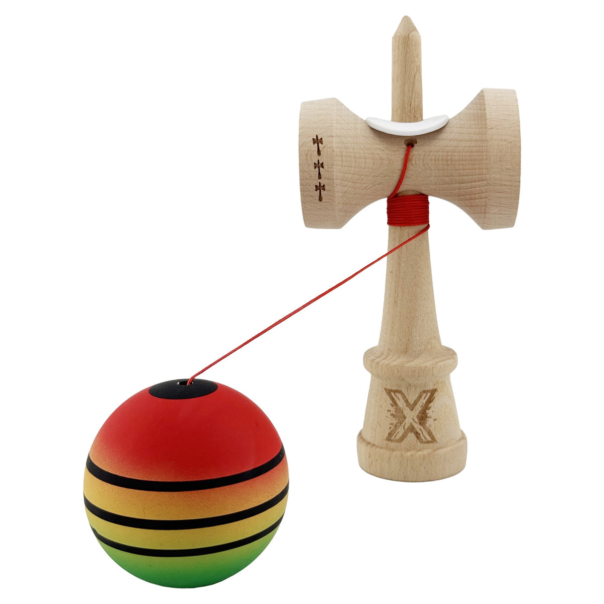 Kendama X Originala, Model V3 Rosu / Galben / Verde, Profesionala, Cupe Mari King Size, Rubber Grip, Gaura in Baza, Rulment, Ata 55cm