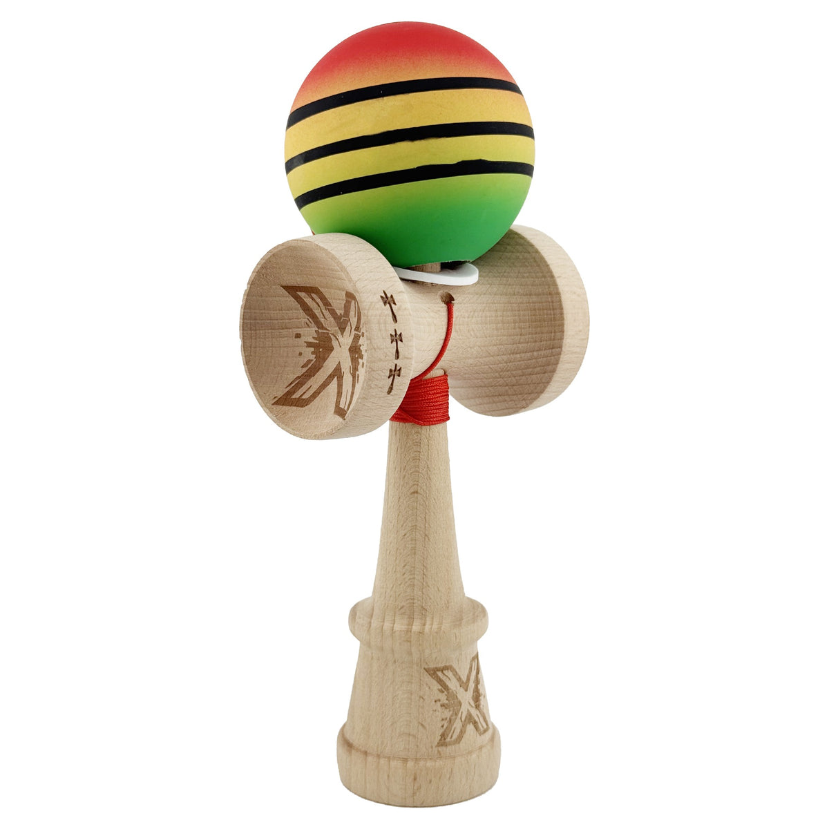 Kendama X Originala, Model V3 Rosu / Galben / Verde, Profesionala, Cupe Mari King Size, Rubber Grip, Gaura in Baza, Rulment, Ata 55cm
