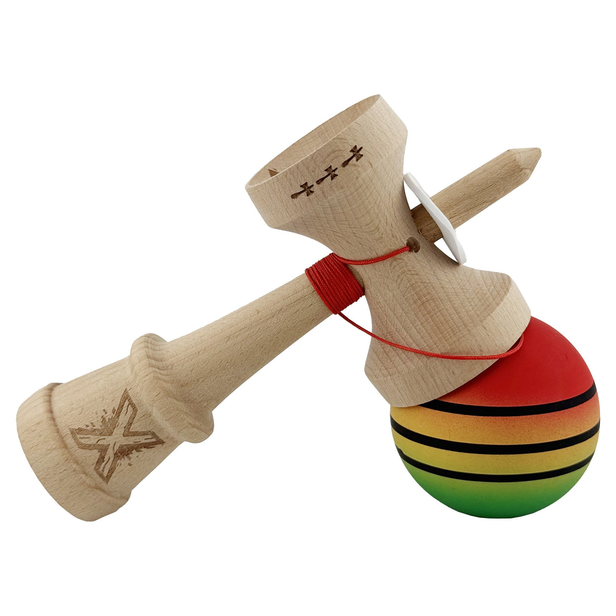 Kendama X Originala, Model V3 Rosu / Galben / Verde, Profesionala, Cupe Mari King Size, Rubber Grip, Gaura in Baza, Rulment, Ata 55cm