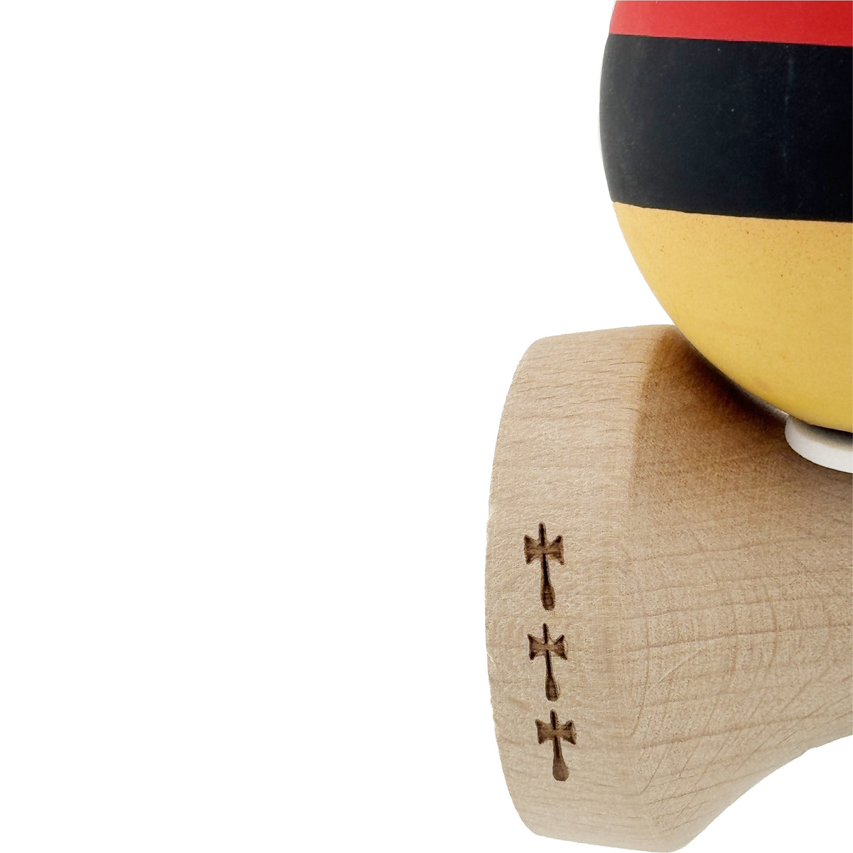 Kendama X Originala, Model V3 Rosu / Negru / Galben, Profesionala, Cupe Mari King Size, Rubber Grip, Gaura in Baza, Rulment, Ata 62cm