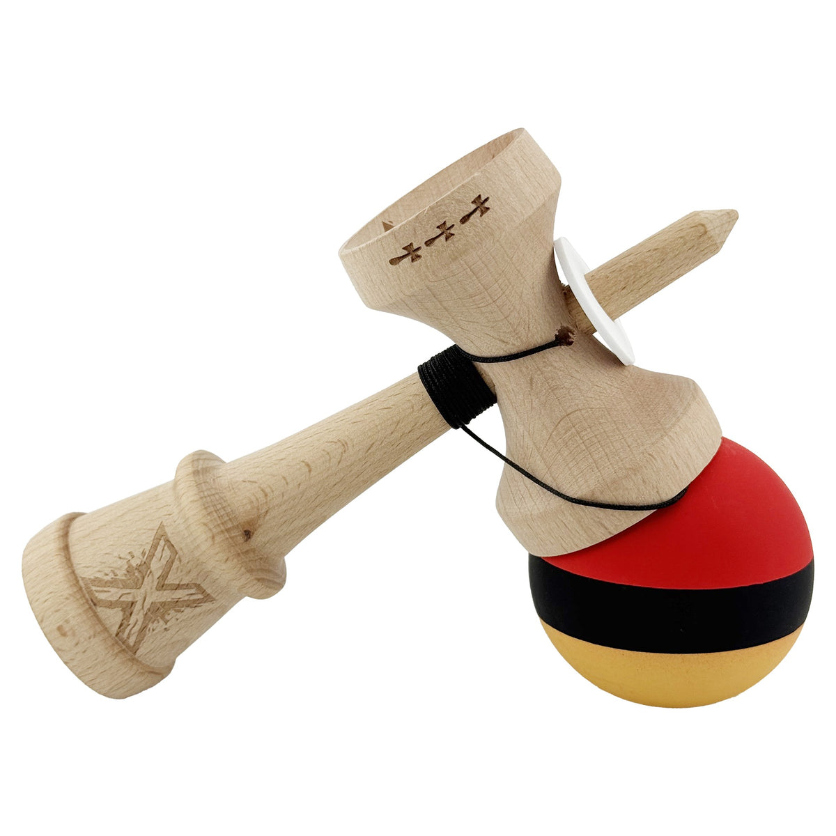 Kendama X Originala, Model V3 Rosu / Negru / Galben, Profesionala, Cupe Mari King Size, Rubber Grip, Gaura in Baza, Rulment, Ata 62cm