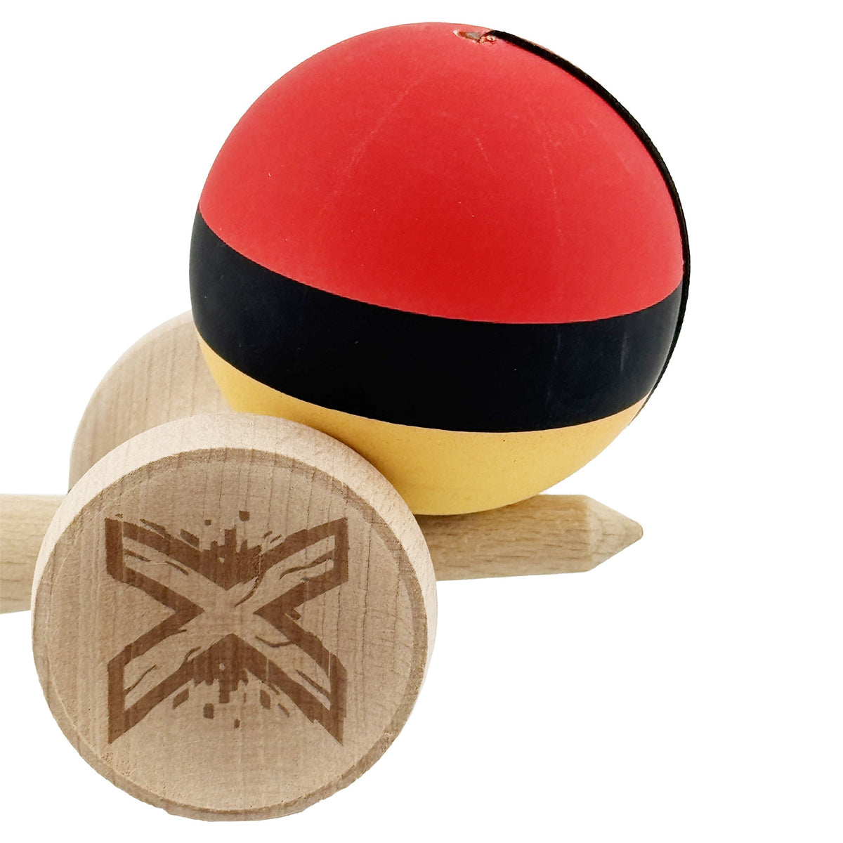 Kendama X Originala, Model V3 Rosu / Negru / Galben, Profesionala, Cupe Mari King Size, Rubber Grip, Gaura in Baza, Rulment, Ata 62cm