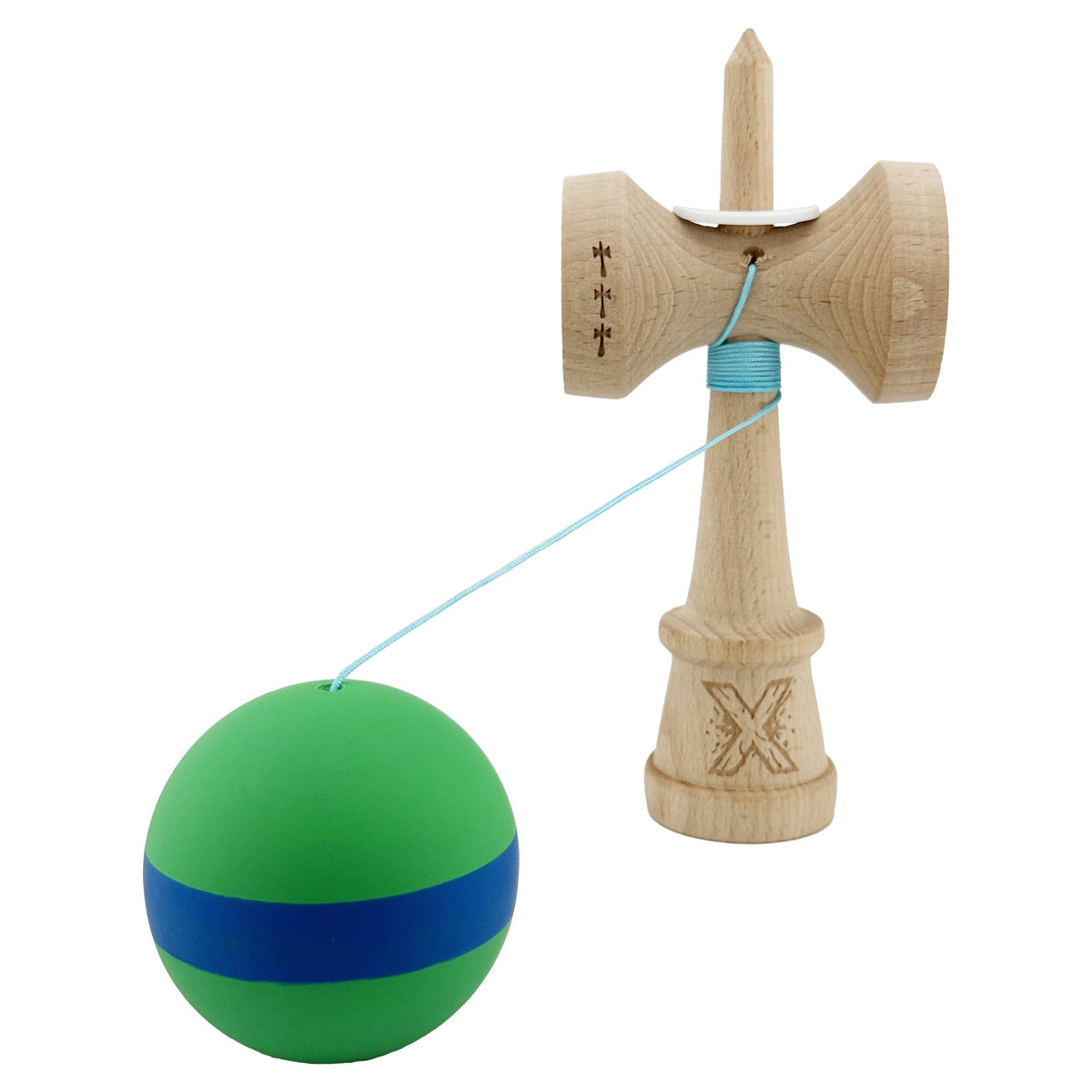Kendama X Originala, Model V3 Verde / Albastru / Verde, Profesionala, Cupe Mari King Size, Rubber Grip, Gaura in Baza, Rulment, Ata 62cm