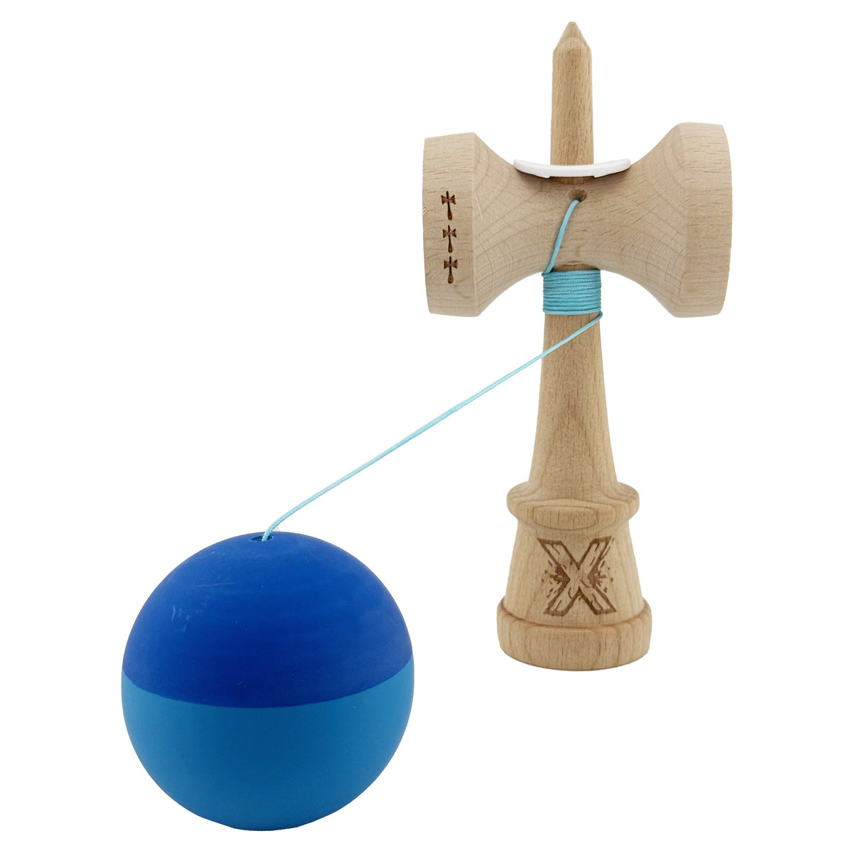 Kendama X Originala, Model V3 Albastru Inchis / Albastru, Profesionala, Cupe Mari King Size, Rubber Grip, Gaura in Baza, Rulment, Ata 62cm