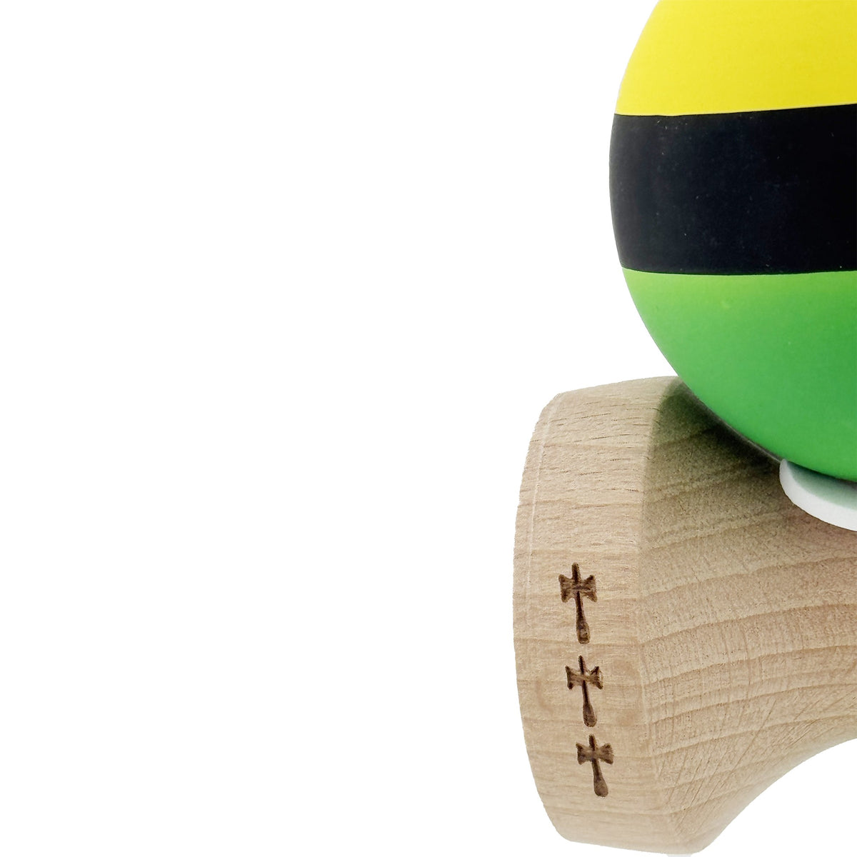 Kendama X Originala, Model V3 Galben / Negru / Verde, Profesionala, Cupe Mari King Size, Rubber Grip, Gaura in Baza, Rulment, Ata 62cm