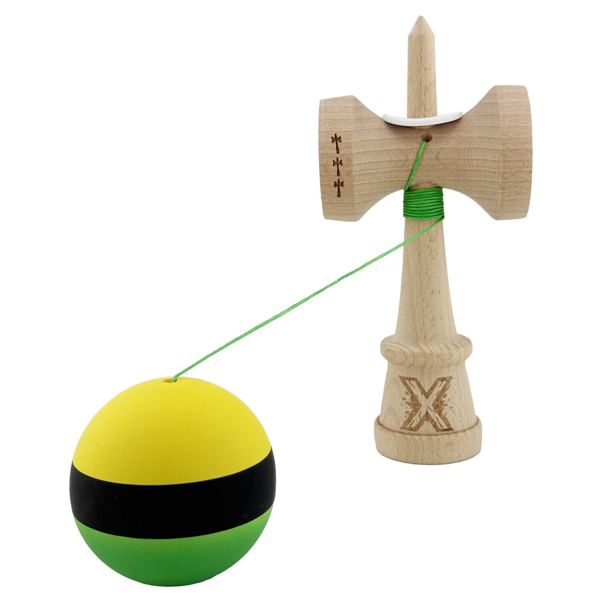Kendama X Originala, Model V3 Galben / Negru / Verde, Profesionala, Cupe Mari King Size, Rubber Grip, Gaura in Baza, Rulment, Ata 62cm