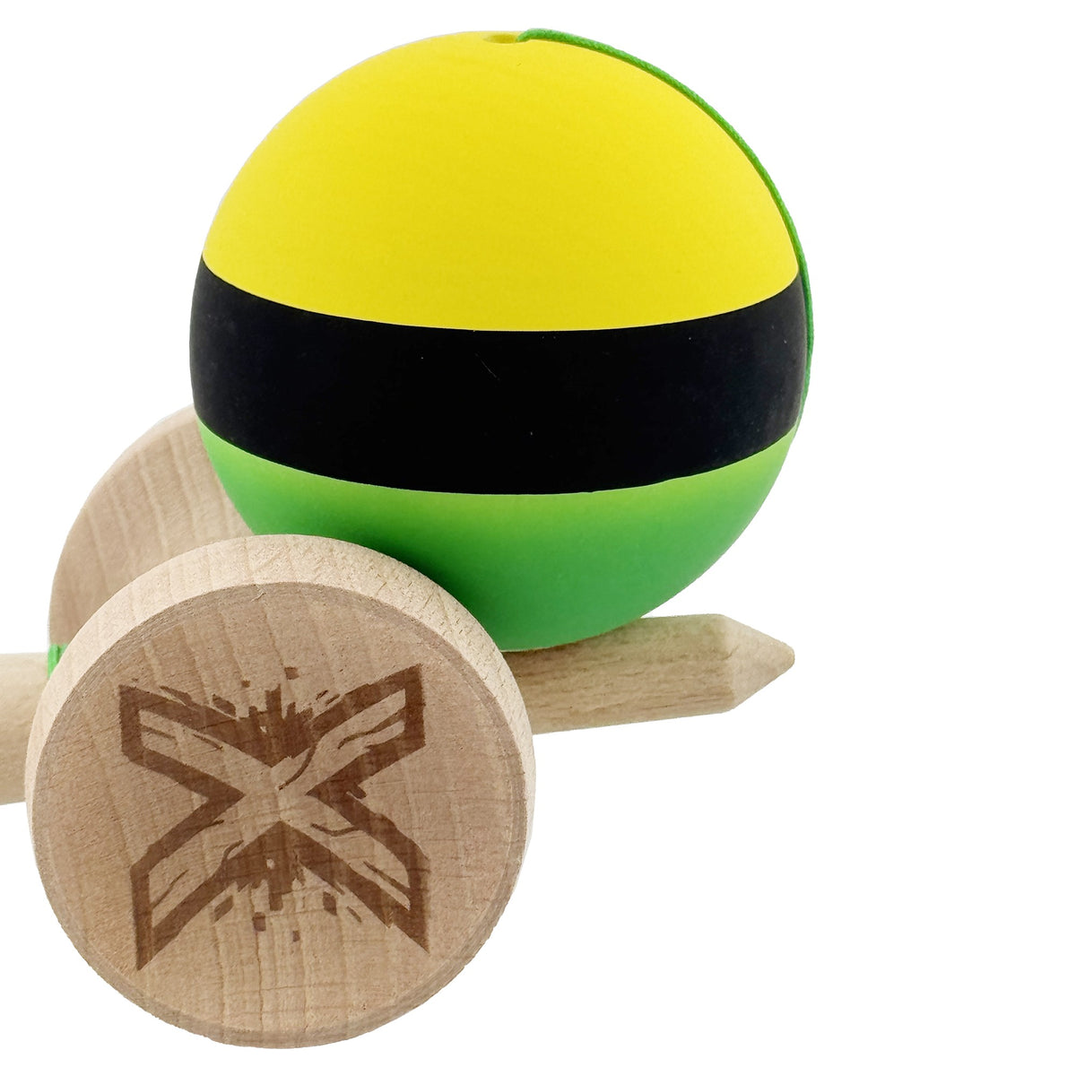 Kendama X Originala, Model V3 Galben / Negru / Verde, Profesionala, Cupe Mari King Size, Rubber Grip, Gaura in Baza, Rulment, Ata 62cm