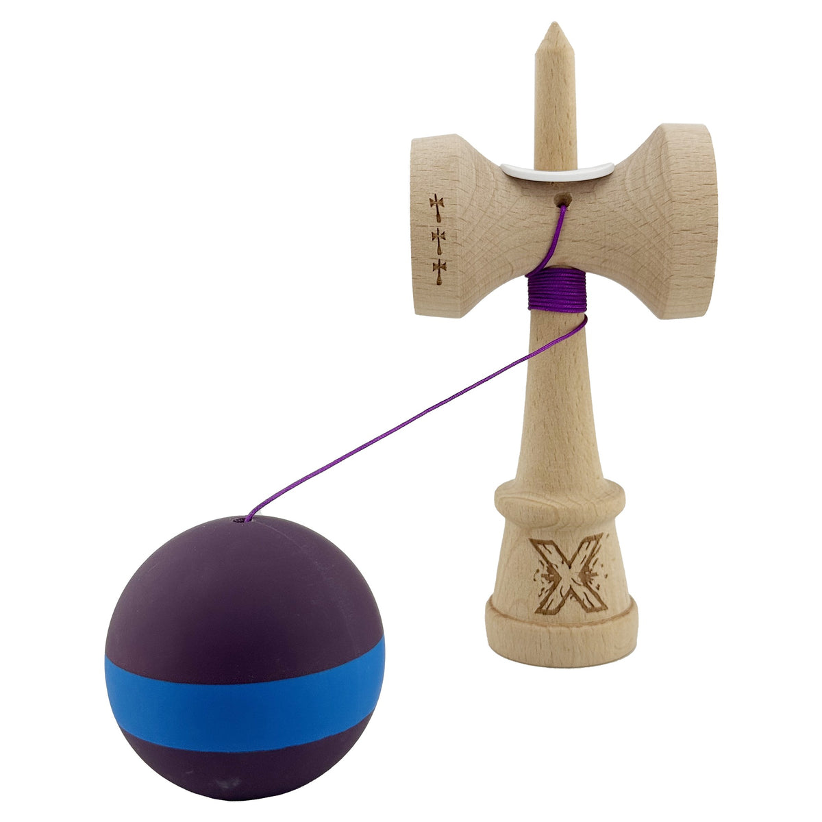 Kendama X Originala, Model V3 Mov / Albastru / Mov, Profesionala, Cupe Mari King Size, Rubber Grip, Gaura in Baza, Rulment, Ata 62cm