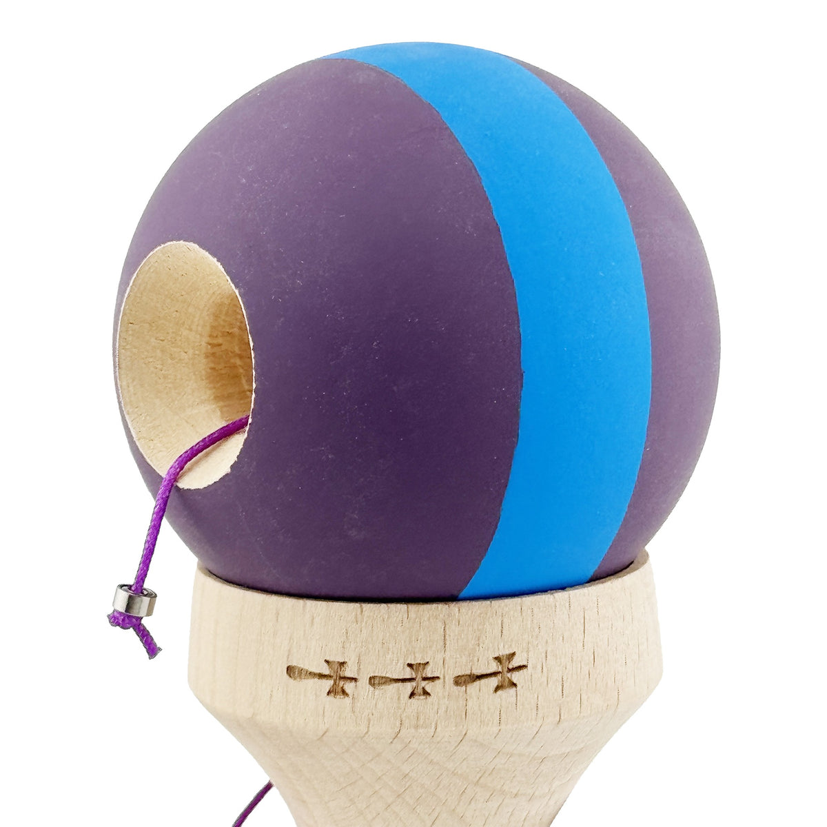Kendama X Originala, Model V3 Mov / Albastru / Mov, Profesionala, Cupe Mari King Size, Rubber Grip, Gaura in Baza, Rulment, Ata 62cm