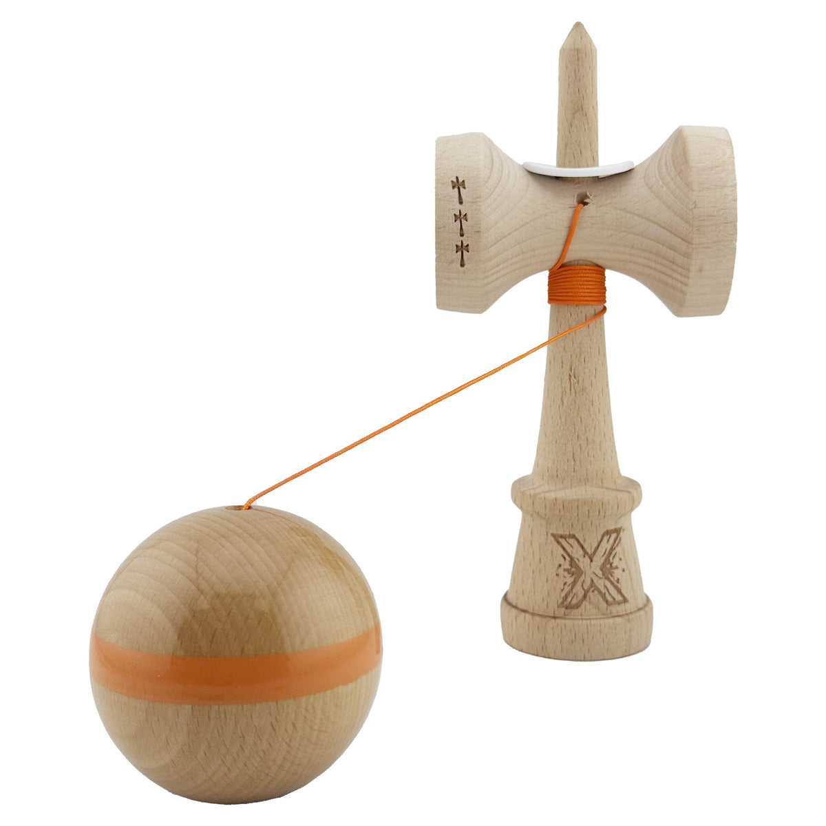Kendama X Originala, Model V3 Portocaliu, Linie, Profesionala, Cupe Mari King Size, Super Sticky, Gaura in Baza, Rulment, Ata 55cm