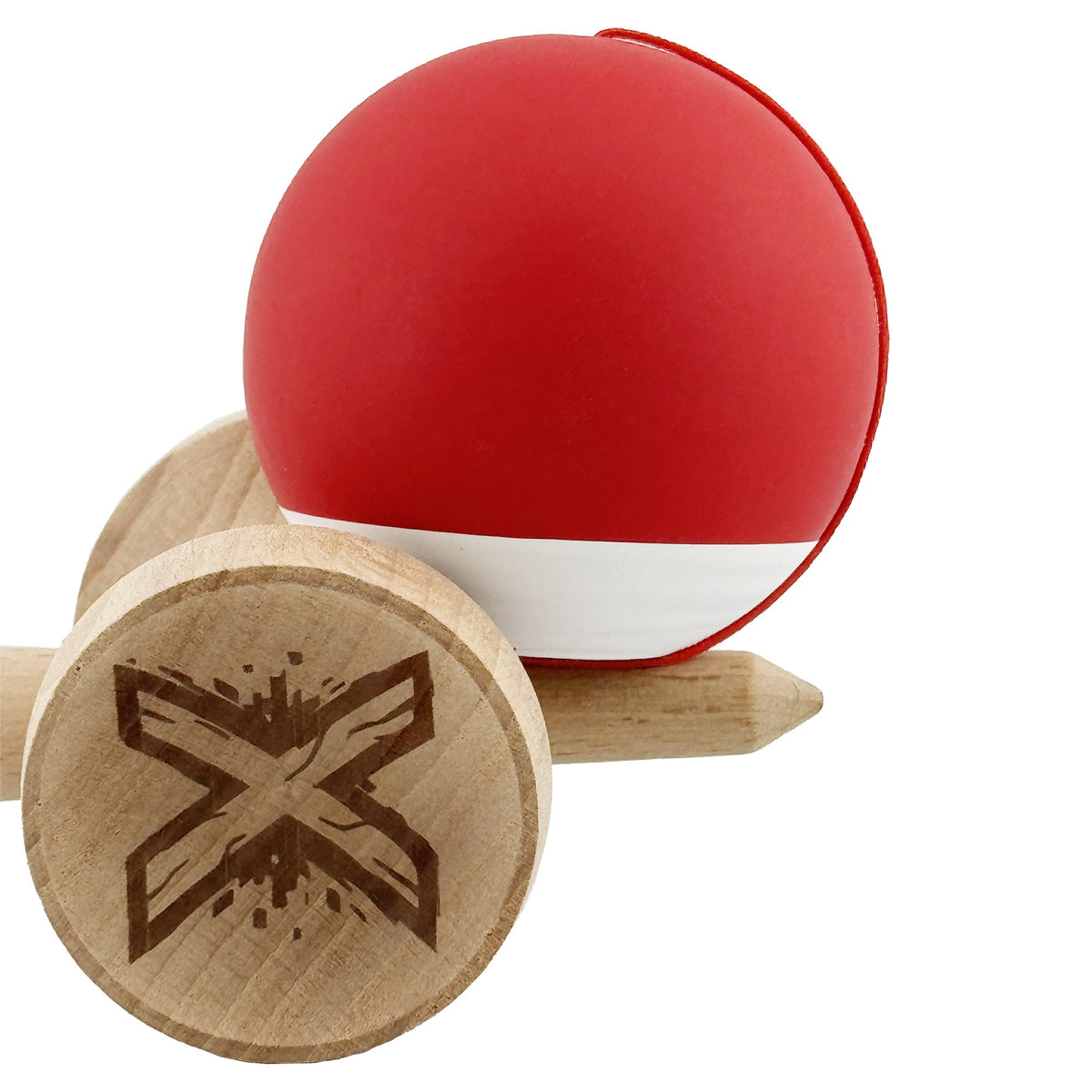 Kendama X Originala, Model V3 Rosu / Alb, Profesionala, Cupe Mari King Size, Rubber Grip, Gaura in Baza, Rulment, Ata 62cm