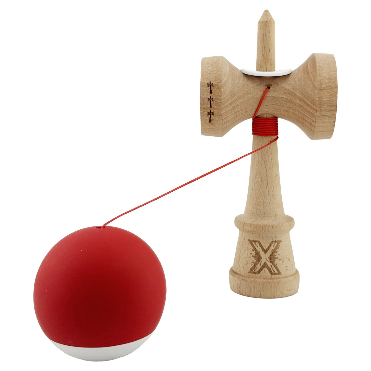 Kendama X Originala, Model V3 Rosu / Alb, Profesionala, Cupe Mari King Size, Rubber Grip, Gaura in Baza, Rulment, Ata 62cm