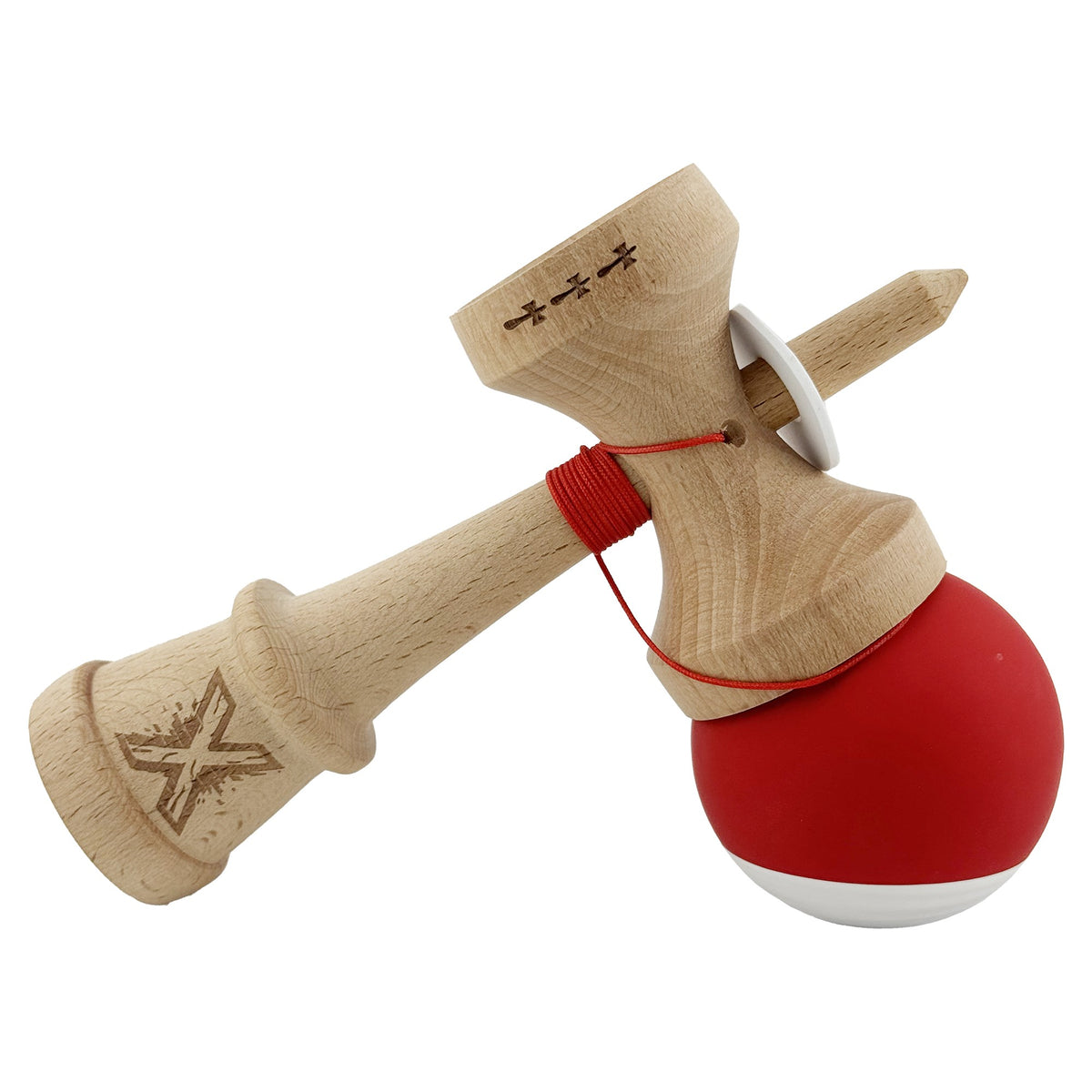 Kendama X Originala, Model V3 Rosu / Alb, Profesionala, Cupe Mari King Size, Rubber Grip, Gaura in Baza, Rulment, Ata 62cm