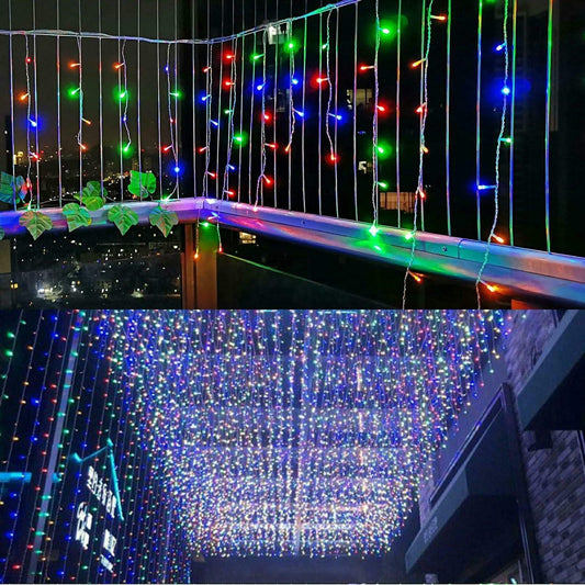 Instalatie Solara Craciun Tip Turturi, Perdea Franjurata Exterior, IP44, 143 LED-uri Multicolore, Telecomanda, 8 Jocuri de Lumini, Panou Solar 31V, Acumulator 1200 mAh, Fir Transparent, 5 m + 3 m Extension