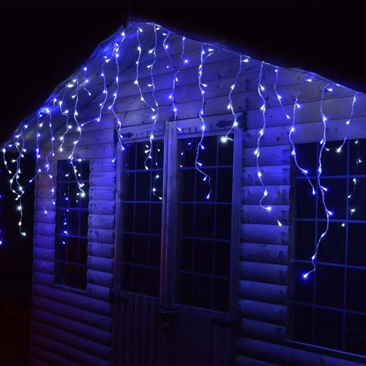 Instalatie Solara Craciun Turturi, Perdea Franjurata cu 143 LED-uri, Exterior IP44, Telecomanda si 8 Moduri Lumina, Acumulator 2400 mAh, Fir Transparent, 5 m + Prelungitor 5 m, Albastru