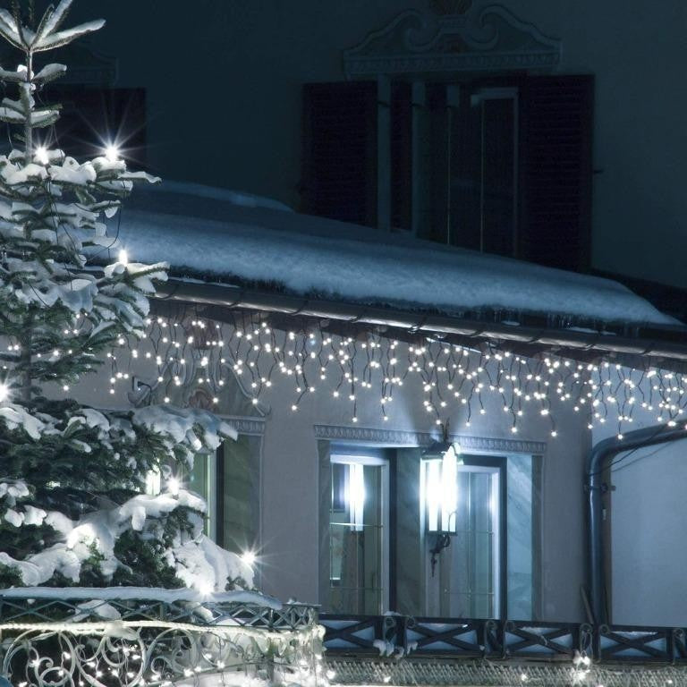 Instalatie Craciun Solara Tip Turturi, Perdea Franjurata Exterior, 143 LED-uri, 8 Jocuri de Lumini, IP44, Fir Alb, Acumulator 2400 mAh, 5m + 5m Prelungitor, Alb Rece
