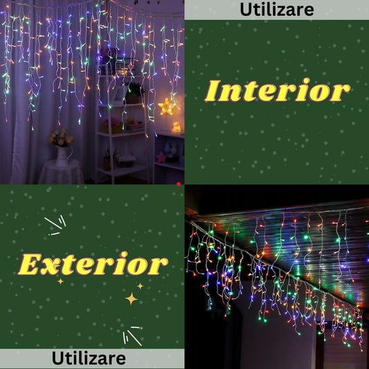 Instalatie Solara Craciun Tip Turturi, Perdea Franjurata Exterior, 143 LED-uri Multicolore, Panou Solar 31V, 8 Jocuri de Lumini cu Telecomanda, IP44, Acumulator 2400 mAh, Fir Alb, 5 m + 5 m Prelungitor