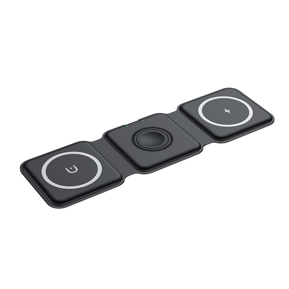 Incarcator Wireless Magnetic 3 in 1, Statie de Incarcare Rapida 15W, Pliabila la 180 Grade, Suport de Birou pentru iPhone, Apple Watch si AirPods, Compatibil iOS si Android, Qi Standard, Negru