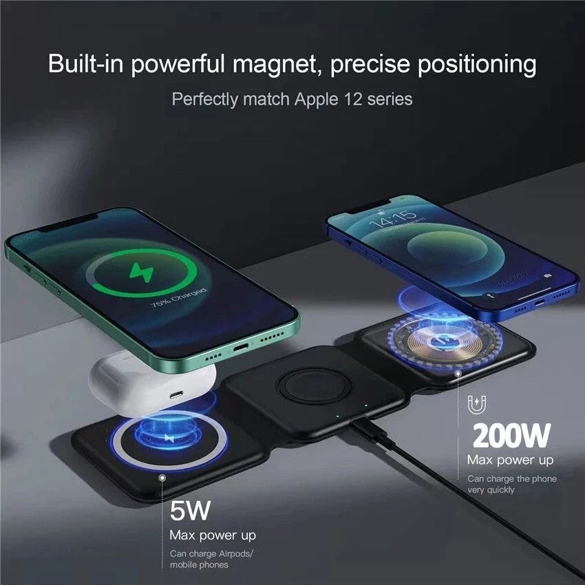 Incarcator Wireless Magnetic 3 in 1, Statie de Incarcare Rapida 15W, Pliabila la 180 Grade, Suport de Birou pentru iPhone, Apple Watch si AirPods, Compatibil iOS si Android, Qi Standard, Negru