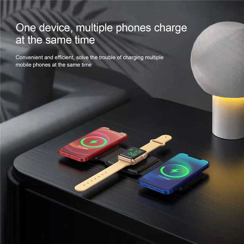 Incarcator Wireless Magnetic 3 in 1, Statie de Incarcare Rapida 15W, Pliabila la 180 Grade, Suport de Birou pentru iPhone, Apple Watch si AirPods, Compatibil iOS si Android, Qi Standard, Negru