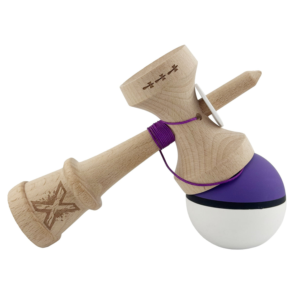 Kendama X Originala, Model V3 Mov / Negru / Alb, Profesionala, Cupe Mari King Size, Rubber Grip, Gaura in Baza, Rulment, Ata 62cm