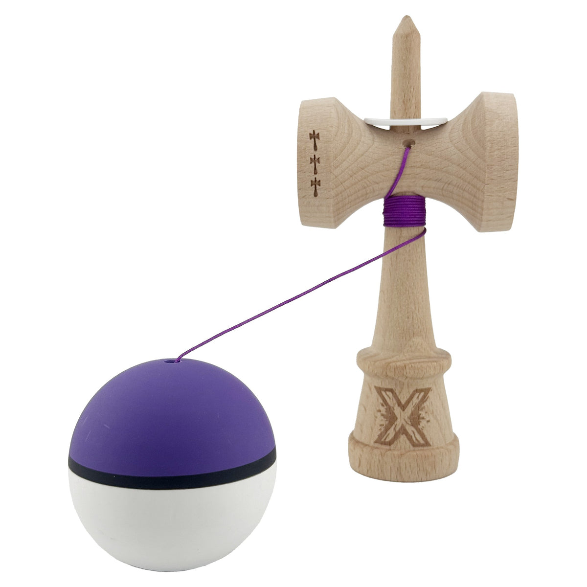 Kendama X Originala, Model V3 Mov / Negru / Alb, Profesionala, Cupe Mari King Size, Rubber Grip, Gaura in Baza, Rulment, Ata 62cm
