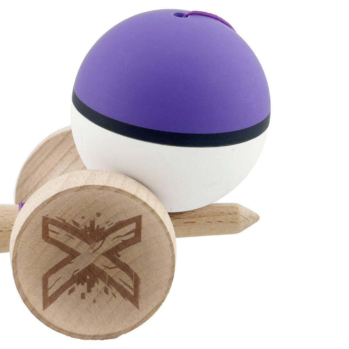 Kendama X Originala, Model V3 Mov / Negru / Alb, Profesionala, Cupe Mari King Size, Rubber Grip, Gaura in Baza, Rulment, Ata 62cm