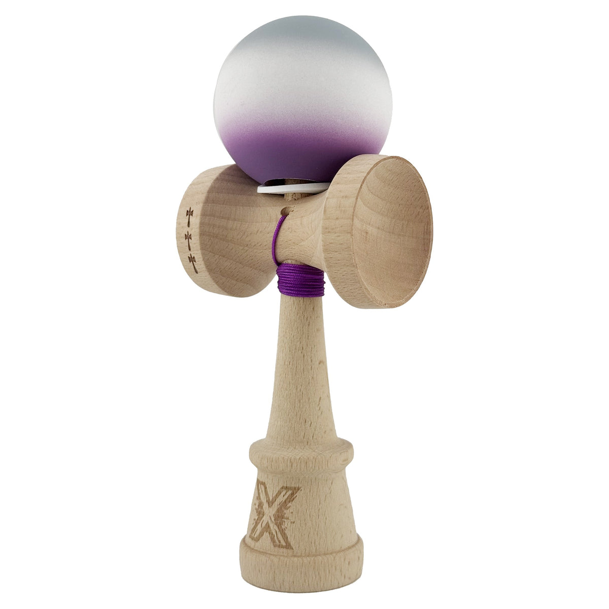 Kendama X Originala, Model V3 Gri / Alb / Mov in Degrade, Profesionala, Cupe Mari King Size, Rubber Grip, Gaura in Baza, Rulment, Ata 62cm