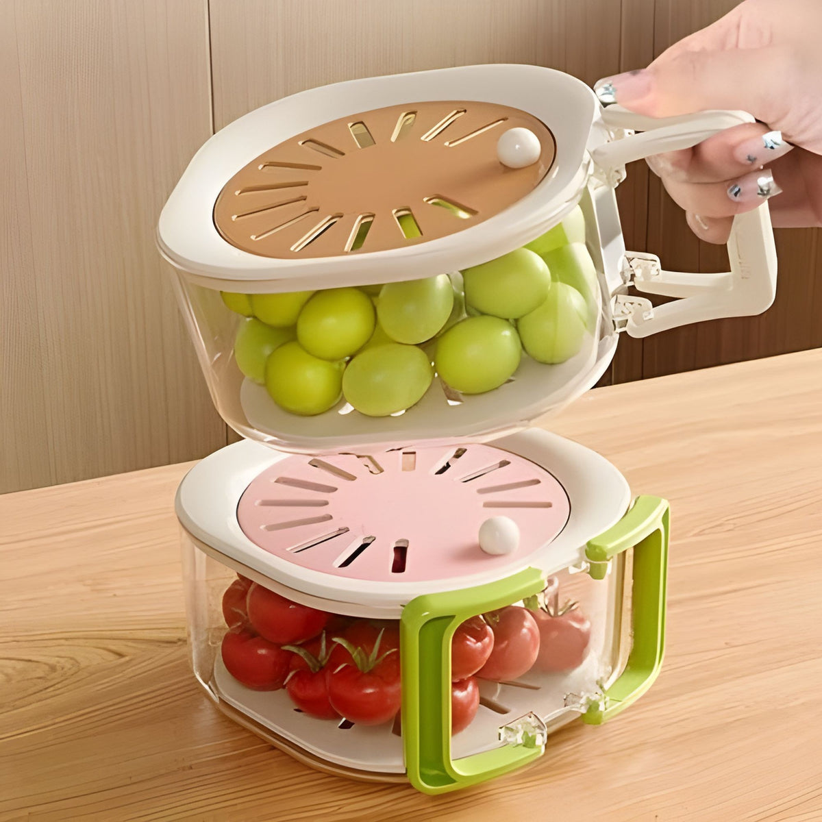 Cos de Scurgere Fructe si Legume 2 in 1, Filtru Telescopic si Bol Depozitare, Plastic Durabil, Maner Ergonomic, 15 x 15 x 8.5 cm, Maro/Bej