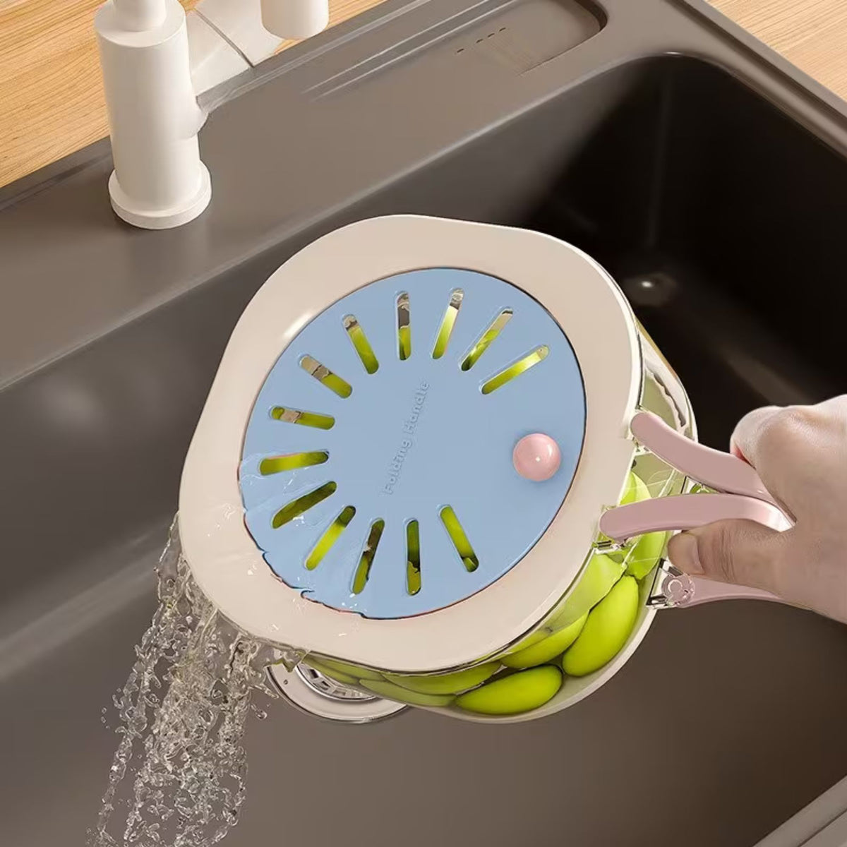 Cos de Scurgere 2 in 1 pentru Fructe si Legume, Filtru Telescopic si Maner Ergonomic, Plastic Durabil, 15 x 15 x 8.5 cm, Albastru/Bej