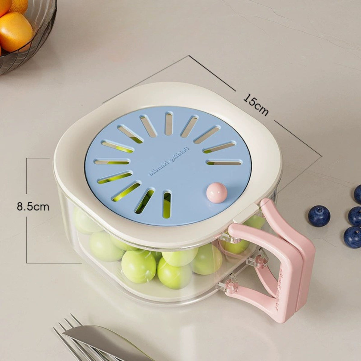 Cos de Scurgere 2 in 1 pentru Fructe si Legume, Filtru Telescopic si Maner Ergonomic, Plastic Durabil, 15 x 15 x 8.5 cm, Albastru/Bej