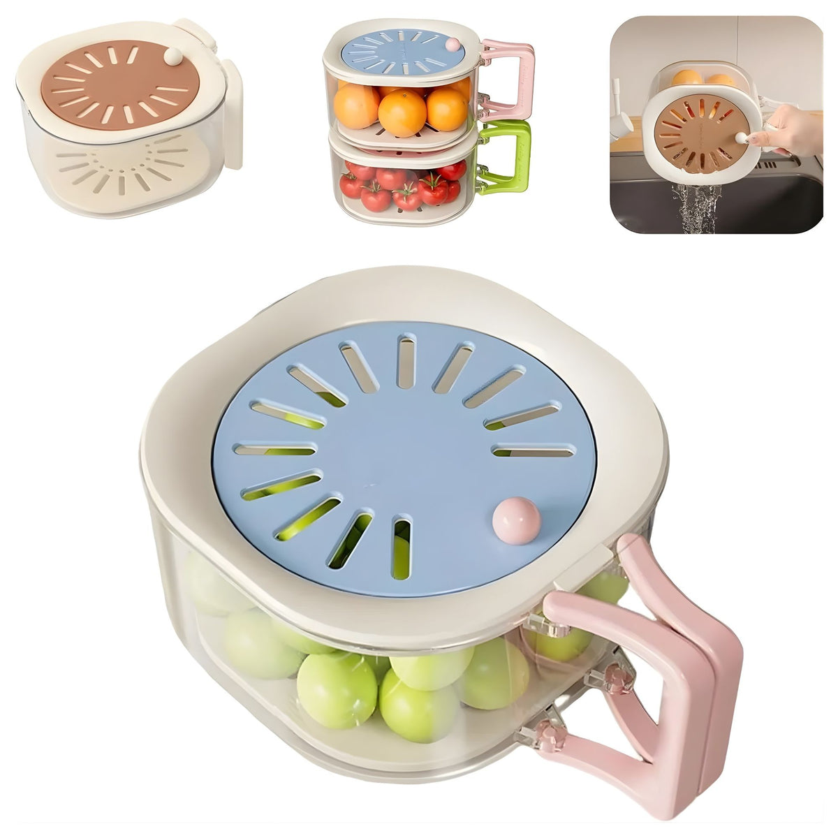 Cos de Scurgere 2 in 1 pentru Fructe si Legume, Filtru Telescopic si Maner Ergonomic, Plastic Durabil, 15 x 15 x 8.5 cm, Albastru/Bej