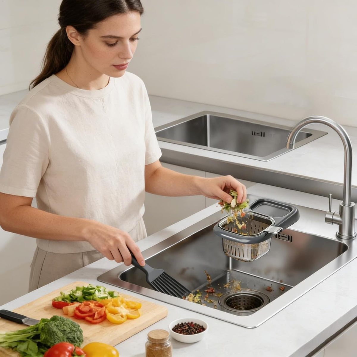 Coș de Scurgere pentru Chiuvetă, Filtru Multifuncțional cu Ventuză și Mâner, Separator Resturi Alimentare, ABS și PET, 22 x 13 x 8.5 cm, Gri