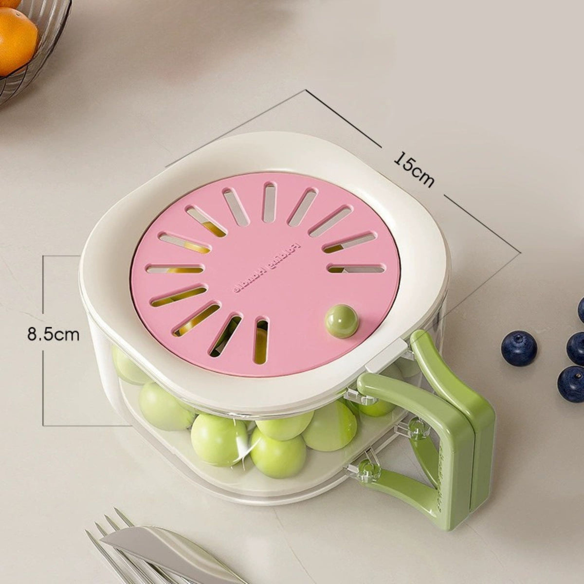 Cos de Scurgere 2 in 1 pentru Fructe si Legume, Scurgator cu Filtru Telescopic si Capac Ventilat, Plastic Rezistent, 15 x 15 x 8.5 cm, Roz/Bej