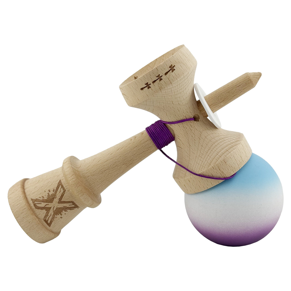 Kendama X Originala, Model V3 Albastru Deschis / Alb / Mov in Degrade, Profesionala, Cupe Mari King Size, Rubber Grip, Gaura in Baza, Rulment, Ata 62cm
