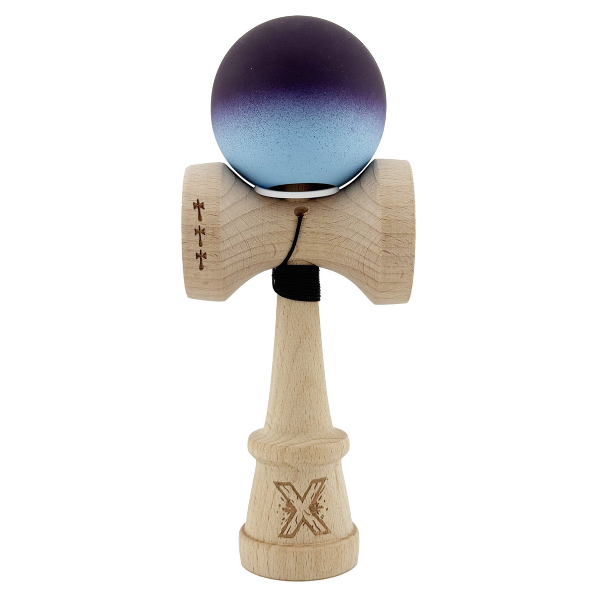 Kendama X Originala, Model V3 Negru / Albastru Deschis in Degrade, Profesionala, Cupe Mari King Size, Rubber Grip, Gaura in Baza, Rulment, Ata 55cm
