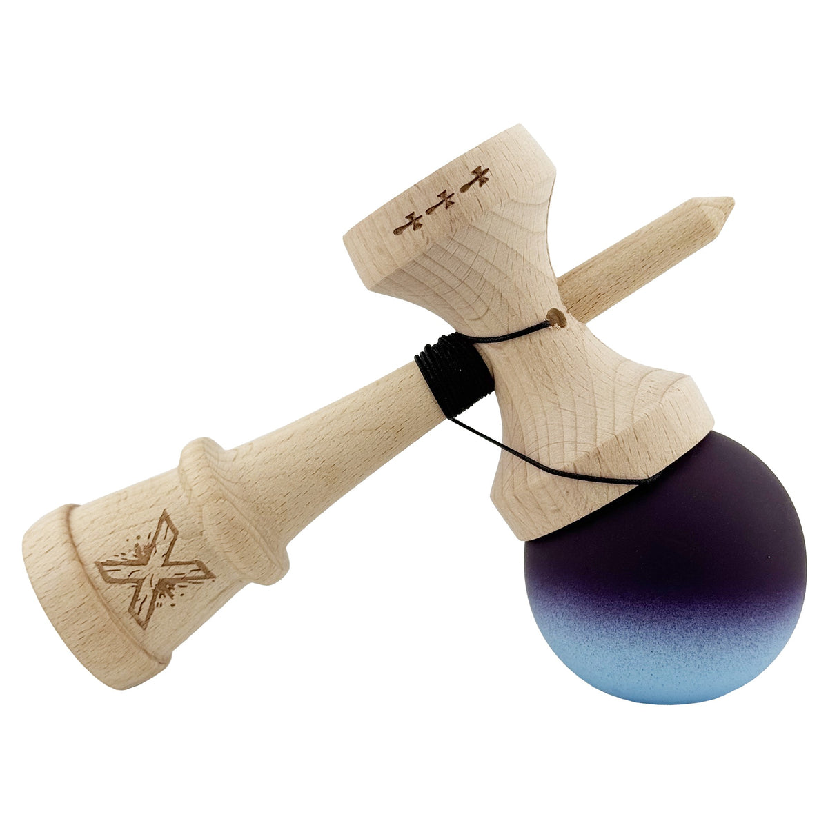 Kendama X Originala, Model V3 Negru / Albastru Deschis in Degrade, Profesionala, Cupe Mari King Size, Rubber Grip, Gaura in Baza, Rulment, Ata 55cm