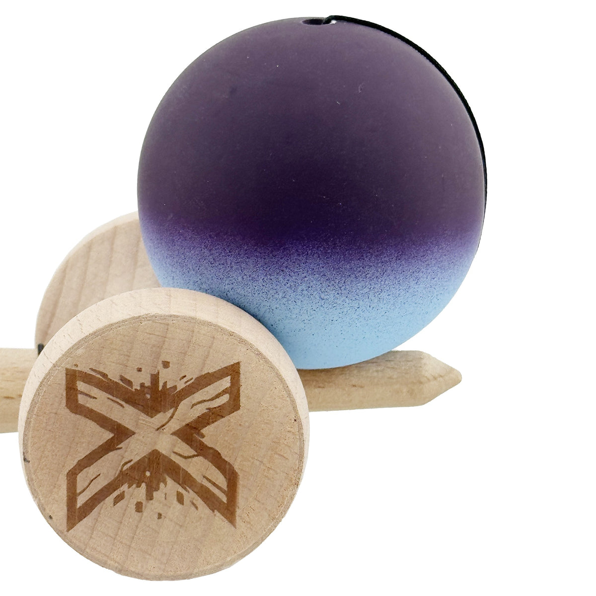 Kendama X Originala, Model V3 Negru / Albastru Deschis in Degrade, Profesionala, Cupe Mari King Size, Rubber Grip, Gaura in Baza, Rulment, Ata 55cm