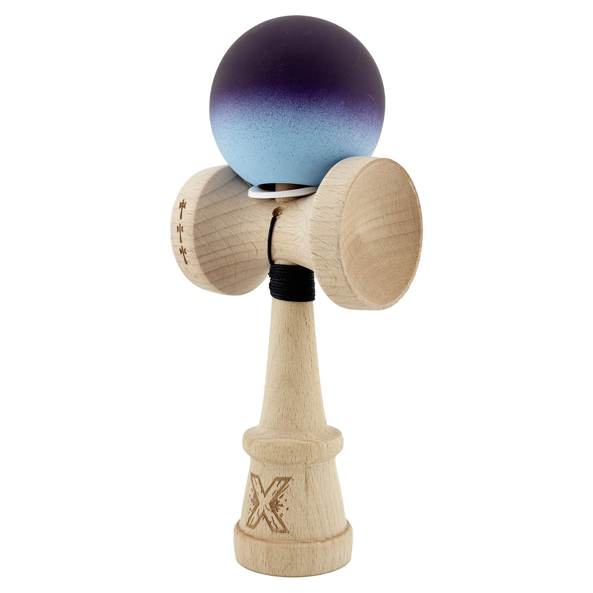 Kendama X Originala, Model V3 Negru / Albastru Deschis in Degrade, Profesionala, Cupe Mari King Size, Rubber Grip, Gaura in Baza, Rulment, Ata 55cm