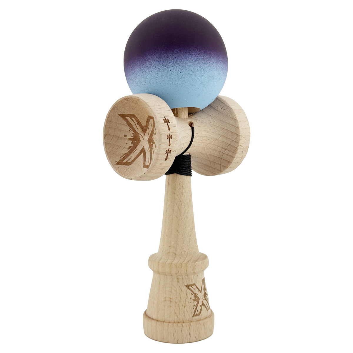 Kendama X Originala, Model V3 Negru / Albastru Deschis in Degrade, Profesionala, Cupe Mari King Size, Rubber Grip, Gaura in Baza, Rulment, Ata 55cm