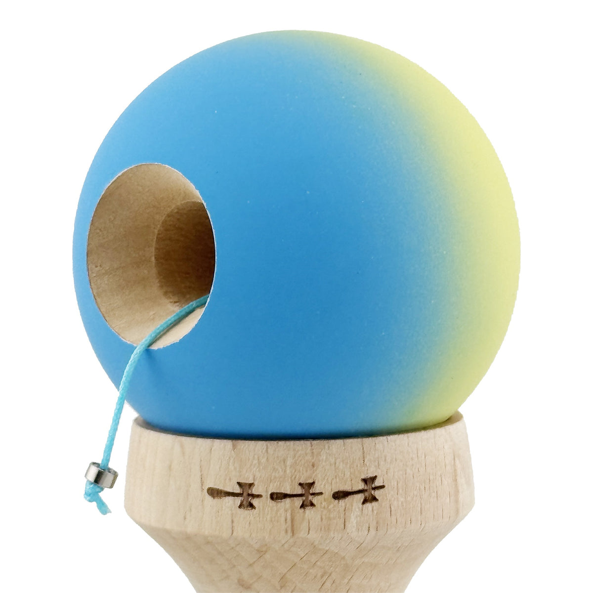 Kendama X Originala, Model V3 Galben / Albastru in Degrade, Profesionala, Cupe Mari King Size, Rubber Grip, Gaura in Baza, Rulment, Ata 62cm