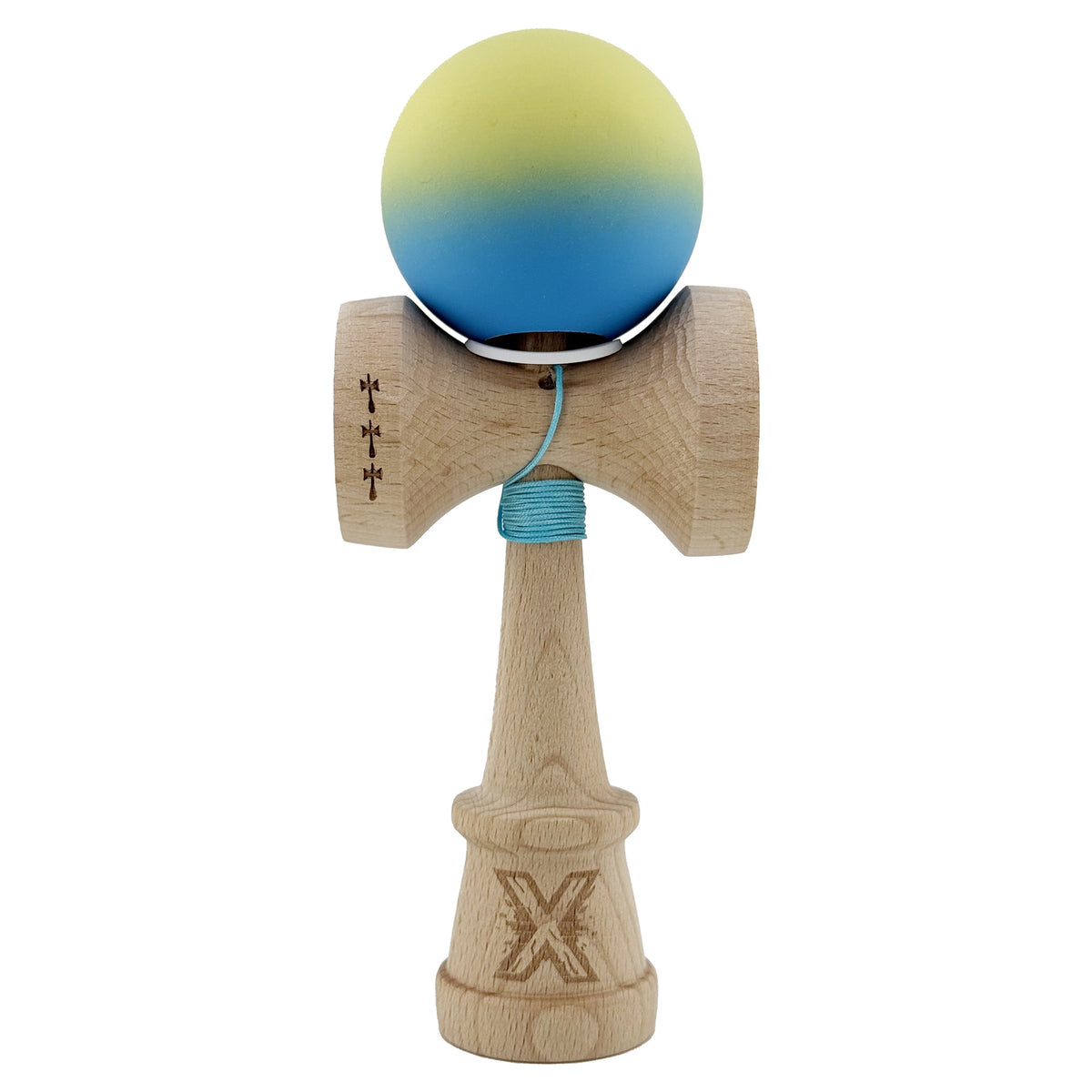 Kendama X Originala, Model V3 Galben / Albastru in Degrade, Profesionala, Cupe Mari King Size, Rubber Grip, Gaura in Baza, Rulment, Ata 62cm