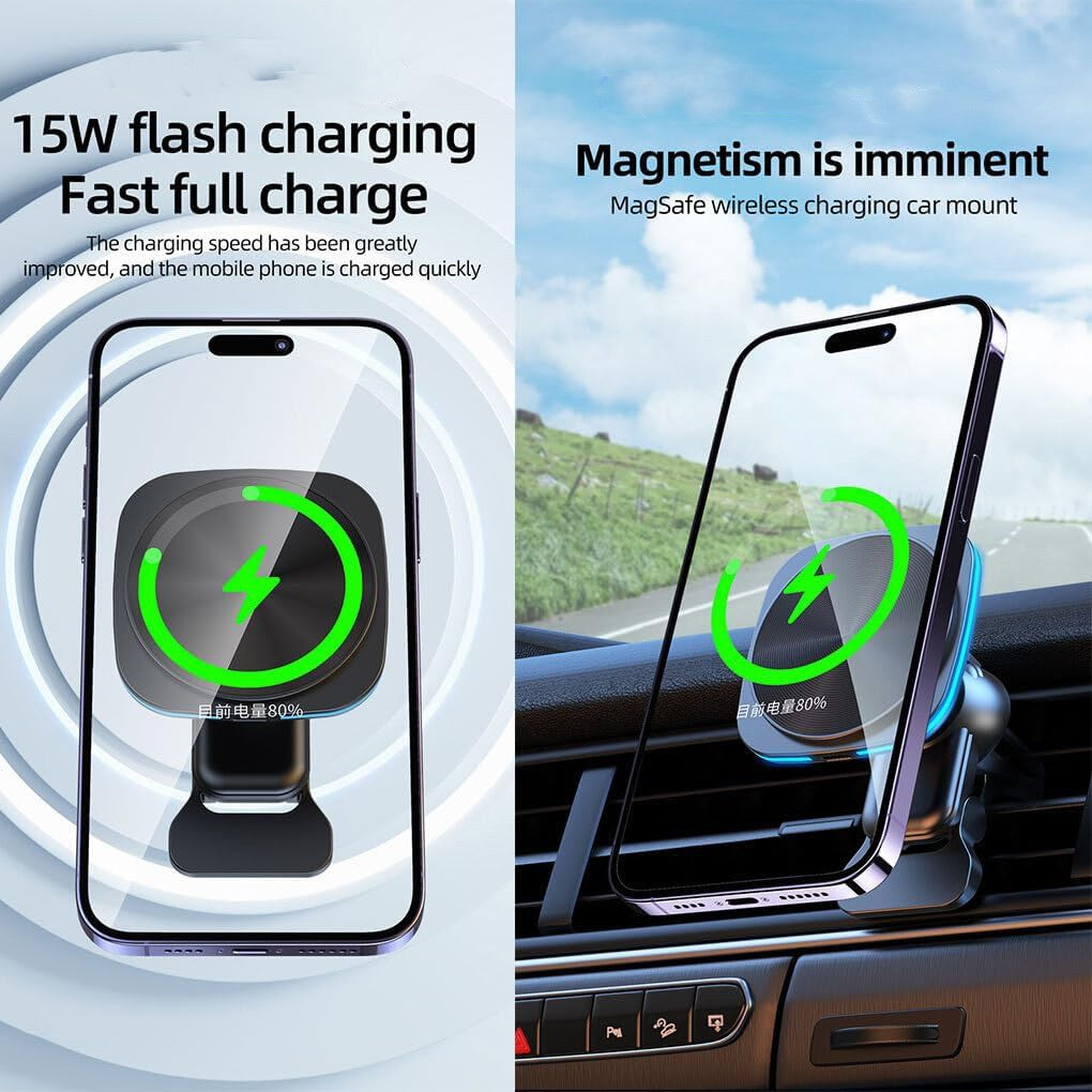 Incarcator Wireless Auto, Statie de Incarcare Magnetica 15W, 18 Magneti Puternici, Lumina LED, Racire Multistrat, Compatibil iOS si Android, Plastic ABS, Negru